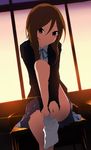  blazer bow brown_eyes brown_hair cait dark extra highres jacket k-on! legs long_hair school_uniform sitting skirt sock_pull socks solo sunset tachibana_himeko undressing 