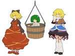  adjusting_hair blonde_hair bow bucket green_eyes green_hair hair_bobbles hair_bow hair_ornament in_bucket in_container kisume kurodani_yamame loose_socks matsutani messy_hair mizuhashi_parsee multiple_girls pointy_ears rope scarf skirt socks touhou wooden_bucket yellow_eyes 