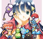  beanie blue_eyes blue_hair budew drifloon gen_4_pokemon hat hikari_(pokemon) holding holding_poke_ball iwanaga lucario monferno poke_ball poke_ball_(generic) pokemon pokemon_(creature) scarf shinx smile 