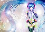  bad_id bad_pixiv_id blue_eyes blue_hair bridal_gauntlets hatsune_miku hatsune_miku_(append) long_hair navel necktie solo ta_(shyura) thigh_gap thighhighs twintails very_long_hair vocaloid vocaloid_append 