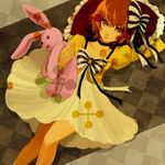  bad_id bad_pixiv_id brown_background brown_eyes brown_hair dress hair_ornament heartcatch_precure! migita myoudouin_itsuki precure ribbon short_hair striped striped_ribbon stuffed_animal stuffed_bunny stuffed_toy yellow_dress 