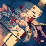  1girl aqua_eyes barefoot blonde_hair brother_and_sister camellia chain collar floor flower from_above genkii iroha_uta_(vocaloid) japanese_clothes kagamine_len kagamine_rin kimono light lying on_back short_hair siblings twins vocaloid 