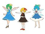  barefoot blonde_hair blue_eyes blue_hair bow cirno crossed_arms daiyousei green_eyes green_hair hair_bow kneehighs matsutani multiple_girls outstretched_arms red_eyes rumia short_hair side_ponytail socks spread_arms touhou wings 