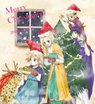  2girls antlers bad_id bad_pixiv_id bianca bianca's_daughter bianca's_son blonde_hair blue_eyes borongo braid cape carrying christmas christmas_tree dragon_quest dragon_quest_v earrings family food hair_over_shoulder happy hat hero_(dq5) jewelry long_hair mittens multiple_boys multiple_girls okra_boom santa_hat short_hair shoulder_carry single_braid smile tree turban 