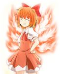  achi_cirno alternate_color alternate_element cirno closed_eyes fire grin hands_on_hips komakusa orange_hair red ribbon smile solo touhou 