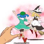  bad_end bad_id bad_pixiv_id bike_shorts blonde_hair boots broom broom_riding closed_eyes hair_bobbles hair_ornament hands hat kawashiro_nitori kirisame_marisa matsutani multiple_girls pov rejection running short_hair smile touhou twintails two_side_up waving witch_hat 