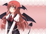  armband bat_wings demon_tail dress_shirt hanazome_dotera head_wings koakuma lace_background long_hair long_sleeves red_eyes red_hair shirt simple_background skirt skirt_set solo tail touhou v_arms vest wings 