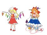  barefoot blonde_hair bow chain cuffs flandre_scarlet hair_bow hand_on_hip hat horns ibuki_suika mary_janes matsutani multiple_girls orange_hair red_eyes shoes side_ponytail touhou wings 