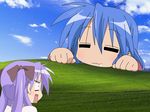  female giant grass hiiragi_kagami izumi_konata lucky_star sky sleeping wallpaper windows_xp 