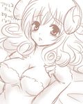  aries_(fairy_tail) blush breasts cleavage curly_hair fairy_tail fingerless_gloves gloves horns large_breasts long_hair lowres monochrome morizuki_yuma sketch solo wool 
