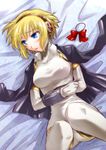 aegis_(persona) android bed_sheet blonde_hair blue_eyes blush bow breasts large_breasts lying persona persona_3 segami_daisuke short_hair solo 