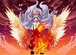  bad_id bad_pixiv_id bow burning fiery_wings fire fujiwara_no_mokou hair_bow hair_ribbon kansou_samehada long_hair red_eyes ribbon silver_hair solo suspenders touhou wings 