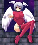  1girl belt big_breasts bodysuit boots breasts choker female final_fantasy final_fantasy_tactics full_body grey_hair head_wings headwings high_heels large_breasts red_eyes ryuta shoes short_hair solo thigh-highs thighhighs ultima_(fft) wings wristband 