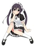  alternate_costume apron black_hair brown_eyes chin_rest dress enmaided highres k-on! long_hair macchaume maid maid_headdress nakano_azusa simple_background sitting socks solo twintails white_background 