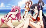  absurdres ass bachou beach bikini black_hair breasts brown_eyes brown_hair cleavage cloud day detexted highres hiratsuka_tomoya kan'u koihime_musou large_breasts long_hair multiple_girls non-web_source ocean official_art open_mouth outdoors pink_hair ponytail ryuubi side-tie_bikini sky swimsuit third-party_edit very_long_hair 