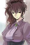  breasts brown_eyes brown_hair earrings jewelry large_breasts long_hair michael ponytail solo umineko_no_naku_koro_ni ushiromiya_natsuhi 