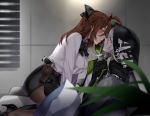  2girls aek-999_(girls_frontline) ahoge belt blush brown_eyes brown_hair deathalice eyebrows_visible_through_hair female_commander_(girls_frontline) girl_on_top girls_frontline gloves gun hair_between_eyes handgun headphones headphones_around_neck high_heels holster holstered_weapon imminent_kiss jacket long_hair multiple_girls pantyhose plant silver_hair skirt skirt_lift smile straddling very_long_hair wall weapon yellow_eyes yuri 