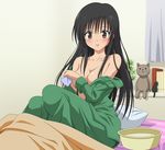  bed black_hair blush breasts brown_eyes cleavage highres kotegawa_yui medium_breasts no_bra open_clothes open_shirt pajamas shirt solo stuffed_animal stuffed_toy sweat to_love-ru toshi_(anime_coloring) towel 