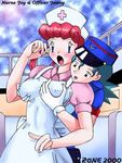  big_breasts breast_grab breast_hold breasts censored from_behind hug joy_(pokemon) junsaa_(pokemon) nintendo nurse open_mouth pokemon yuri zone 