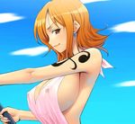  breasts brown_eyes earring earrings erect_nipples hairu jewelry large_breasts nami no_bra one_piece orange_hair see-through short_hair tattoo 