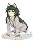  1girl all_fours animal_ears flat_chest full_body green_eyes green_hair highres hiyajou_maho long_hair long_sleeves menomorute shirt simple_background socks solo steins;gate steins;gate_0 sweater v-neck white_background white_legwear 