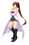  bad_id bad_pixiv_id belt boots breasts brown_hair cleavage coat copyright_request fingernails highres large_breasts long_hair miniskirt nail_polish naughty_face pencil_skirt ponytail red_eyes red_nails shirayuki_usami skirt solo tight tongue very_long_hair 