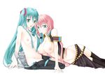  aqua_eyes aqua_hair armband bad_id bad_pixiv_id bare_shoulders between_breasts boots breasts hatsune_miku iko_(gun) large_breasts long_hair megurine_luka mouth_hold multiple_girls navel necktie nipples open_mouth pink_hair thigh_boots thighhighs very_long_hair vocaloid yuri 