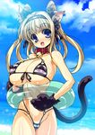  abs animal_ears beach bell bell_collar bikini blonde_hair blue_eyes breasts cat_ears cat_paws cat_tail cloud collar covered_nipples day fang front-tie_top gloves hair_ribbon hairband highres huge_breasts innertube ishida_hiroyuki jingle_bell long_hair micro_bikini o-ring o-ring_bikini ocean open_mouth original outdoors paw_gloves paws puffy_nipples ribbon shiny shiny_skin sky smile solo striped striped_bikini swimsuit tail twintails waves 