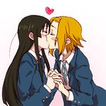  akiyama_mio bad_id bad_pixiv_id black_hair blazer blush_stickers closed_eyes couple hairband heart highres holding_hands jacket k-on! kiss multiple_girls profile school_uniform short_hair tainaka_ritsu umesge upper_body yuri 