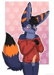  2019 absurd_res animal_genitalia animal_penis anthro blue_fur blush bottomless canid canine canine_penis clothed clothing digital_media_(artwork) erection fennec fox fur hair hi_res kemono male mammal multicolored_fur orange_fur penis sidnithefox simple_background smaller_version_at_source smile solo stack_(character) standing 