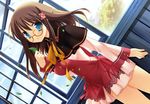  absurdres blue_eyes blush brown_hair copyright_request dutch_angle glasses highres leaf miyasu_risa school_uniform solo 