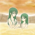  artist_request bath bracelet erin green_eyes green_hair jewelry kemono_no_souja_erin long_hair lowres mother_and_daughter multiple_girls nude onsen sky soyon wet wet_hair 
