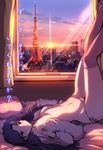  bed black_hair brown_eyes cityscape dress_shirt flat_chest glint idolmaster idolmaster_(classic) jewelry kisaragi_chihaya legs legs_together legs_up long_hair long_legs looking_at_viewer lowleg lowleg_panties lying maruwa_tarou minato_(tokyo) navel on_back open_clothes open_mouth open_shirt panties pillow pinky_out real_world_location ring shirt side-tie_panties solo sunlight thighhighs thighs tokyo_(city) tokyo_tower tower translated twilight underwear wide_hips window 