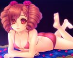  amy_sorel barefoot bikini breasts butt_crack byuune cleavage drill_hair feet lips lowres lying medium_breasts on_stomach petals red_eyes red_hair short_twintails solo soulcalibur swimsuit twintails 