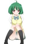  black_legwear blush bow breasts cameltoe chupimaro green_hair kneehighs large_breasts looking_at_viewer macross macross_frontier panties plaid plaid_skirt pleated_skirt ranka_lee red_eyes ribbon school_uniform short_hair simple_background sitting skirt socks solo spread_legs underwear upskirt white_background white_panties 