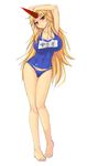 arms_up barefoot blonde_hair blush breasts cleavage enoko_(zqfebi) feet highres horn hoshiguma_yuugi impossible_clothes impossible_swimsuit large_breasts legs long_hair one-piece_swimsuit red_eyes school_swimsuit school_swimsuit_flap solo swimsuit touhou very_long_hair 