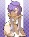  all_fours amada bad_id bad_pixiv_id barefoot bent_over blush bottomless hands kneeling lila_(pokemon) pokemon pokemon_(game) pokemon_emerald pokemon_rse purple_eyes purple_hair short_hair solo 
