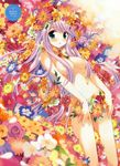  absurdres areola_slip areolae bangs bloom blush breasts chestnut_mouth colorful dengeki_moeou eyebrows_visible_through_hair eyes_visible_through_hair feet_out_of_frame field flower flower_censor flower_field flower_request green_eyes hair_censor hair_over_breasts hair_spread_out head_wreath highres lavender_hair long_hair looking_at_viewer lying medium_breasts navel nude on_back open_mouth orange_flower original outdoors purple_flower red_flower red_rose rose sakura_koharu scan solo swept_bangs too_many too_many_flowers very_long_hair white_flower 