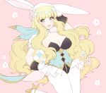  1girl animal_ears arm_up blonde_hair blue_eyes breasts bunny_ears charlotte_(fire_emblem_if) choker cleavage easter_egg egg fake_animal_ears fire_emblem fire_emblem_heroes fire_emblem_if frilled_choker frills gloves holding large_breasts leotard long_hair nintendo open_mouth pink_background plushcharm simple_background solo twitter_username white_gloves white_legwear 