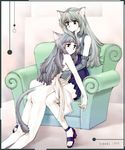  animal_ears artist_request ass cat_ears cat_tail chair clothed_female_nude_female easy_chair elbow_gloves gloves high_heels hug lowres multiple_girls nude original sandals shoes silver_hair sitting tail yuri 