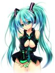  aqua_eyes aqua_hair bangs bare_shoulders between_breasts blush body_writing breasts cleavage clothes_writing collarbone cowboy_shot detached_sleeves fingernails gradient green_nails green_panties grin hair_between_eyes hand_in_panties hatsune_miku head_tilt headphones koiai large_breasts long_fingernails long_hair looking_at_viewer nail_polish necktie neon_trim no_bra no_pants number open_clothes open_shirt panties panty_pull parted_bangs plaid plaid_panties shirt simple_background skindentation smile solo tattoo taut_clothes thick_thighs thigh_gap thighs twintails underboob underwear very_long_hair vocaloid white_background wing_collar 