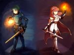  1boy 1girl absurdres alm_(fire_emblem) armor artist_name black_gloves cape celica_(fire_emblem) circlet closed_mouth detached_collar dress fingerless_gloves fire fire_emblem fire_emblem_echoes:_mou_hitori_no_eiyuuou flame gloves green_eyes green_hair hairband highres holding holding_sword holding_weapon lazymimium long_hair nintendo red_eyes red_hair short_hair stairs sword twitter_username weapon 
