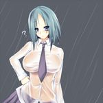  ? bad_id bad_pixiv_id blue_eyes blue_hair breasts covered_nipples green_hair hand_on_hip huge_breasts impossible_clothes impossible_shirt kurokawa_otogi lowres necktie original rain see-through shirt short_hair skirt solo wet wet_clothes 