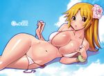  :o bikini bikini_tan blonde_hair bracelet breasts cleavage cloud curvy day flower hair_flower hair_ornament jewelry kei_jiei large_breasts long_hair looking_at_viewer lying navel on_side original ravioli red_eyes ring shiny shiny_skin side-tie_bikini sky solo sweat swimsuit tan tanline untied wide_hips 