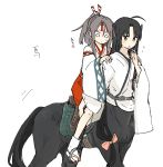  2girls absurdres ahoge black_hair blush brown_eyes brown_hair centaur hachimaki headband high_ponytail highres hinata_hibari horse_tail horseback_riding japanese_clothes kantai_collection long_hair monster_girl multiple_girls multiple_legs ponytail riding saddle shouhou_(kantai_collection) tail translation_request white_background zuihou_(kantai_collection) 