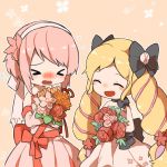  &gt;_&lt; 2girls black_bow blonde_hair blush bouquet bow dress elise_(fire_emblem_if) eyes_closed fire_emblem fire_emblem_if flower hair_bow hairband holding holding_bouquet long_hair multicolored_hair multiple_girls nintendo open_mouth pink_hair purple_hair sakura_(fire_emblem_if) short_hair shunrai simple_background strapless strapless_dress twintails wedding_dress 