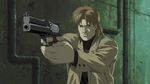  absurdres artist_request brown_hair coat ghost_in_the_shell ghost_in_the_shell_stand_alone_complex gun handgun highres male_focus mateba_2008m mullet revolver solo togusa weapon 