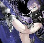  1girl absurdres armored_boots black_background blue_eyes boots closed_mouth crotch_plate expressionless fate/extra fate/extra_ccc fate_(series) high_collar highres leg_up long_hair long_sleeves looking_at_viewer meltlilith navel nyatabe purple_hair revealing_clothes shrug_(clothing) simple_background sleeves_past_fingers sleeves_past_wrists solo spikes splashing standing standing_on_one_leg thigh_boots thighhighs thighs very_long_hair waist_cape water 