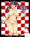  black_eyes black_hair breasts cameltoe cleavage covered_nipples curvy dog fan fundoshi hips japanese_clothes large_breasts long_hair midriff navel open_mouth original solo teeth twintails yamakasa yokaze_japan 