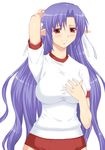  ai_(tick!_tack!) blush breasts buruma gym_uniform half_updo impossible_clothes impossible_shirt large_breasts long_hair pointy_ears purple_hair shichimenchou shirt shuffle! simple_background solo tick!_tack! 